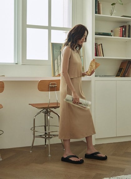 不對稱領休閒無袖綁帶洋裝